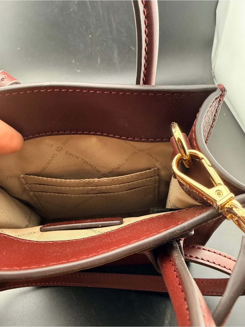Michael Kors Wine Pebbled Leather Mini Satchel with Gold MK Charm